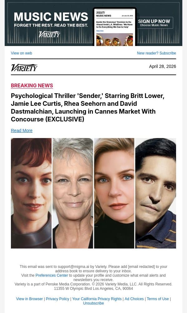 Psychological Thriller 'Sender,' Starring Britt Lower, Jamie Lee Curtis, Rhea Seehorn and David Dastmalchian, Launching in Cannes Market With Concourse (EXCLUSIVE) email from Variety screenshot