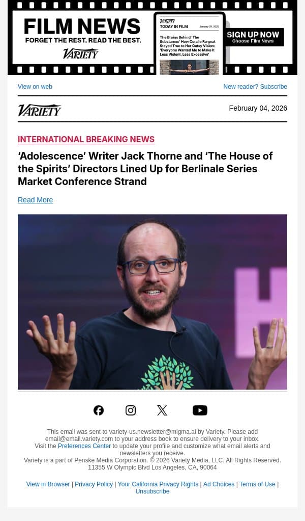 ‘Adolescence’ Writer Jack Thorne and ‘The House of the Spirits’ Directors Lined Up for Berlinale Series Market Conference Strand email from Variety screenshot
