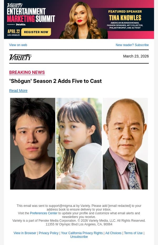 'Shōgun' Season 2 Adds Five to Cast email from Variety screenshot