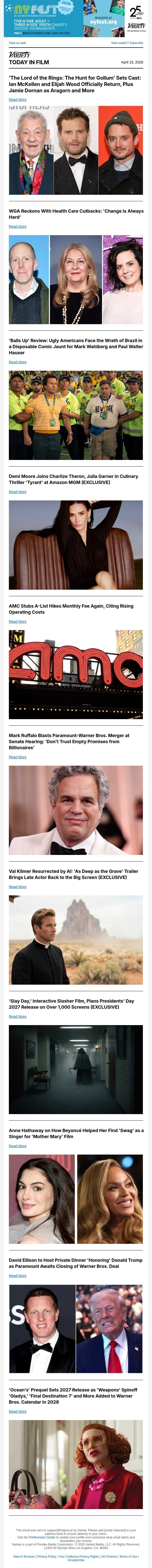 'The Hunt for Gollum' Cast; WGA Health Care Cuts; 'Balls Up' Review email from Variety screenshot