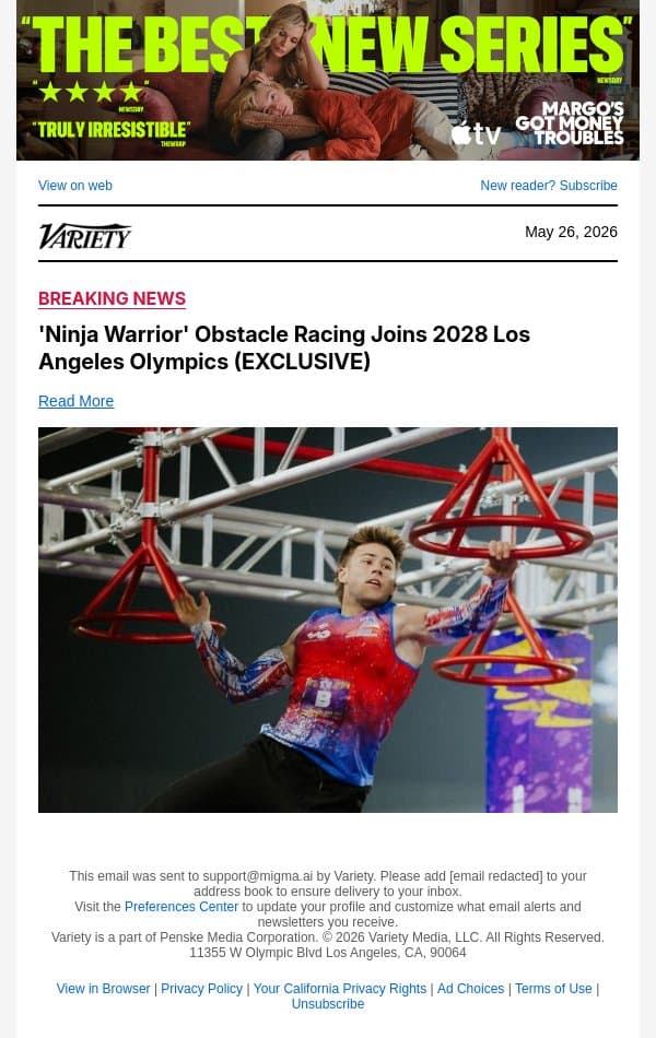 'Ninja Warrior' Obstacle Racing Joins 2028 Los Angeles Olympics (EXCLUSIVE) email from Variety screenshot