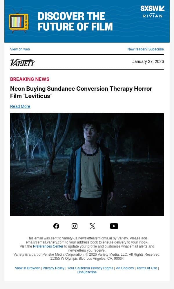 Neon Buying Sundance Conversion Therapy Horror Film 'Leviticus' email from Variety screenshot