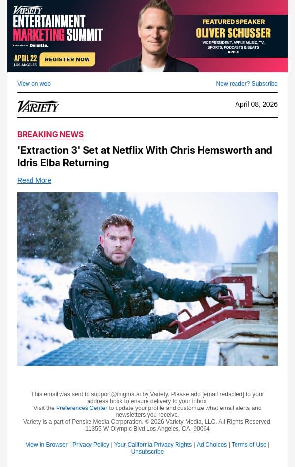 'Extraction 3' Set at Netflix With Chris Hemsworth and Idris Elba Returning email from Variety screenshot