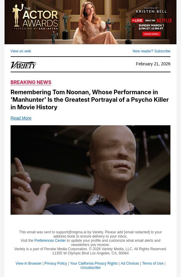 Remembering Tom Noonan, Whose Performance in 'Manhunter' Is the Greatest Portrayal of a Psycho Killer in Movie History email from Variety screenshot