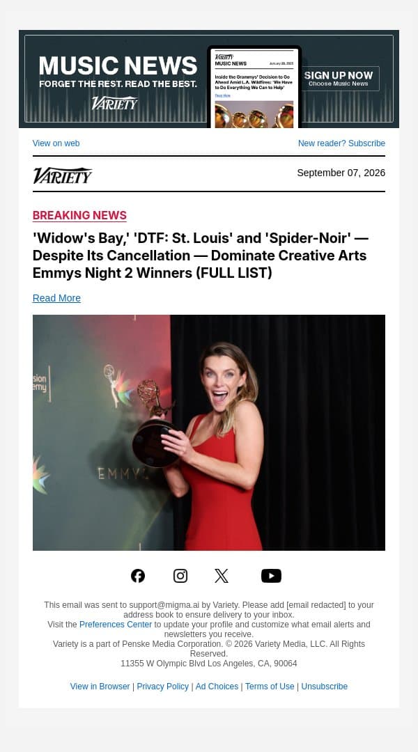'Widow's Bay,' 'DTF: St. Louis' and 'Spider-Noir' — Despite Its Cancellation — Dominate Creative Arts Emmys Night 2 Winners (FULL LIST) email from Variety screenshot