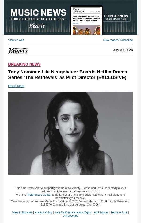 Tony Nominee Lila Neugebauer Boards Netflix Drama Series ‘The Retrievals’ as Pilot Director (EXCLUSIVE) email from Variety screenshot
