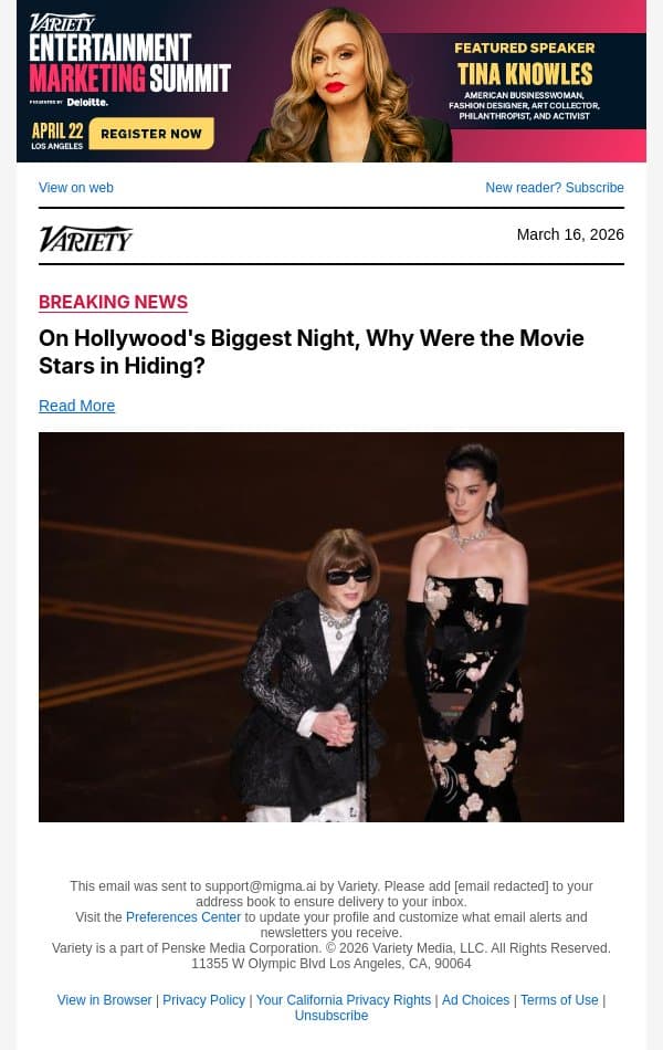 On Hollywood's Biggest Night, Why Were the Movie Stars in Hiding? email from Variety screenshot