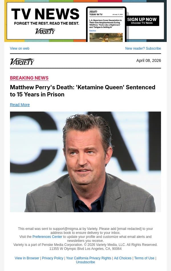 Matthew Perry's Death: 'Ketamine Queen' Sentenced to 15 Years in Prison email from Variety screenshot