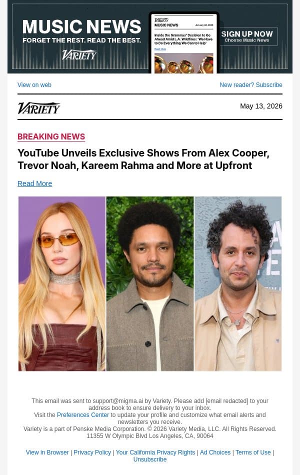 YouTube Unveils Exclusive Shows From Alex Cooper, Trevor Noah, Kareem Rahma and More at Upfront email from Variety screenshot