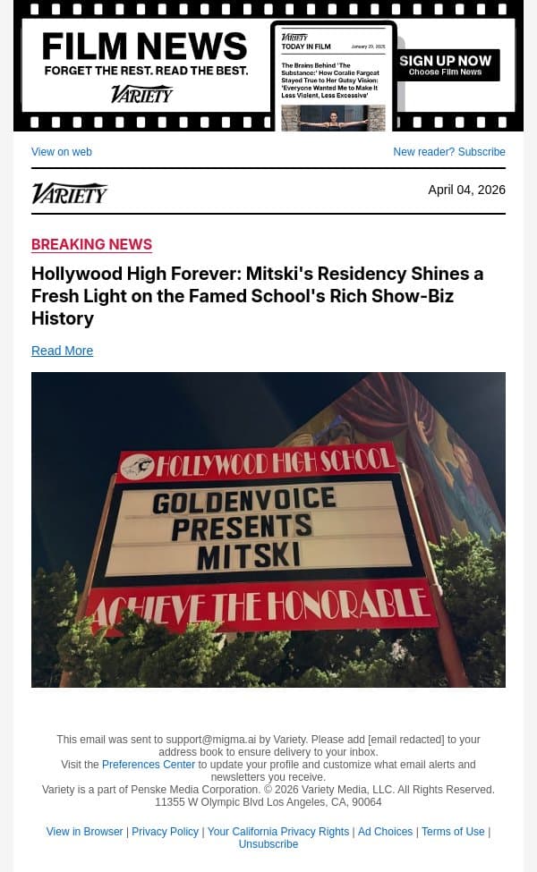 Hollywood High Forever: Mitski's Residency Shines a Fresh Light on the Famed School's Rich Show-Biz History email from Variety screenshot