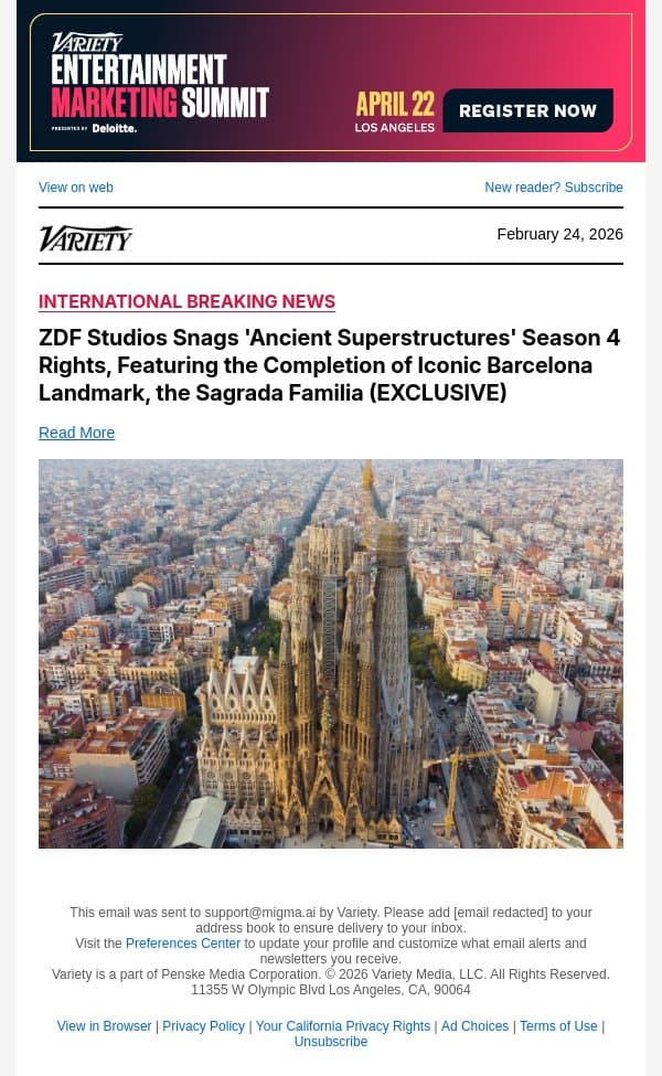 ZDF Studios Snags 'Ancient Superstructures' Season 4 Rights, Featuring the Completion of Iconic Barcelona Landmark, the Sagrada Familia (EXCLUSIVE) email from Variety screenshot