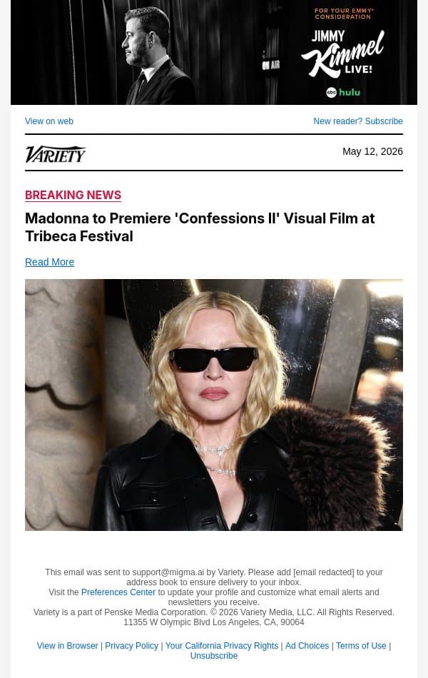 Madonna to Premiere 'Confessions II' Visual Film at Tribeca Festival email from Variety screenshot