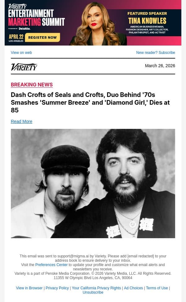Dash Crofts of Seals and Crofts, Duo Behind '70s Smashes 'Summer Breeze' and 'Diamond Girl,' Dies at 85 email from Variety screenshot