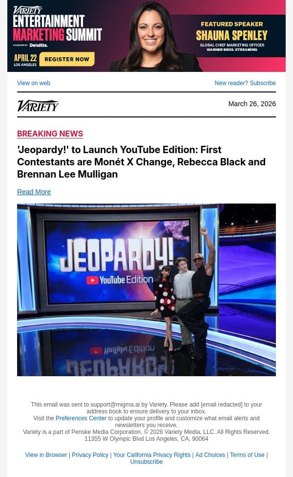 'Jeopardy!' to Launch YouTube Edition: First Contestants are Monét X Change, Rebecca Black and Brennan Lee Mulligan email from Variety screenshot
