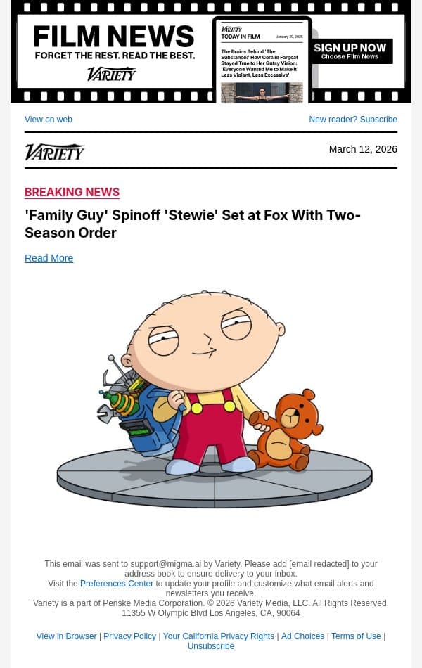 'Family Guy' Spinoff 'Stewie' Set at Fox With Two-Season Order email from Variety screenshot