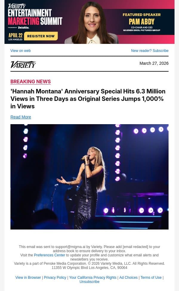 'Hannah Montana' Anniversary Special Hits 6.3 Million Views in Three Days as Original Series Jumps 1,000% in Views email from Variety screenshot