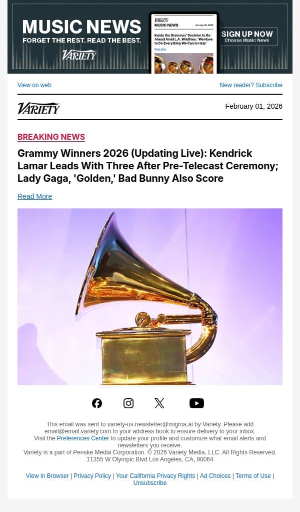 Olivia Dean Wins Grammy for Best New Artist email from Variety screenshot