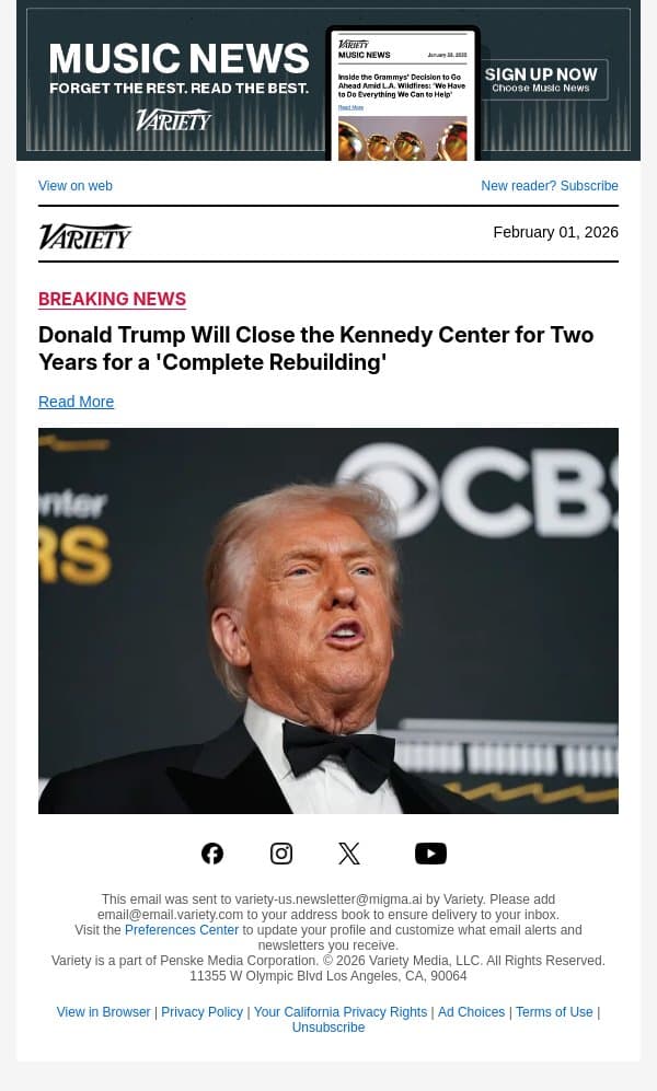Donald Trump Will Close the Kennedy Center for Two Years for a 'Complete Rebuilding' email from Variety screenshot