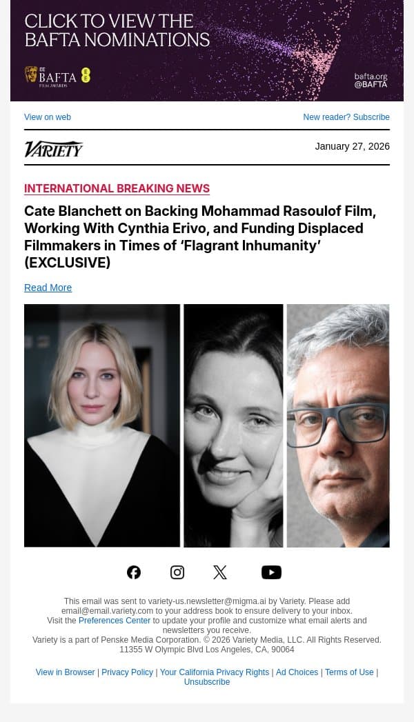 Cate Blanchett on Backing Mohammad Rasoulof Film, Working With Cynthia Erivo, and Funding Displaced Filmmakers in Times of ‘Flagrant Inhumanity’ (EXCLUSIVE) email from Variety screenshot