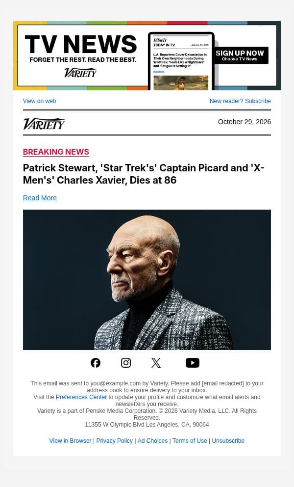 Patrick Stewart, 'Star Trek's' Captain Picard and 'X-Men's' Charles Xavier, Dies at 86 email from Variety screenshot