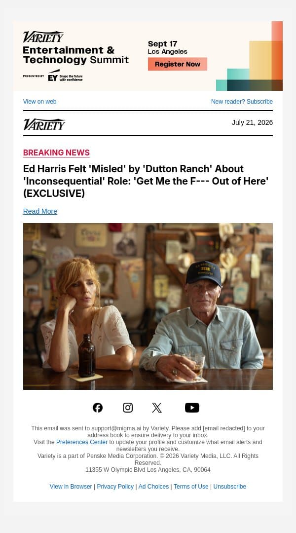 Ed Harris Felt 'Misled' by 'Dutton Ranch' About 'Inconsequential' Role: 'Get Me the F--- Out of Here' (EXCLUSIVE) email from Variety screenshot