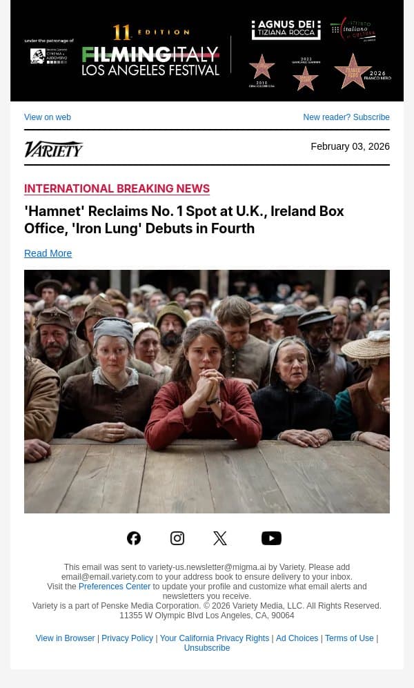 'Hamnet' Reclaims No. 1 Spot at U.K., Ireland Box Office, 'Iron Lung' Debuts in Fourth email from Variety screenshot