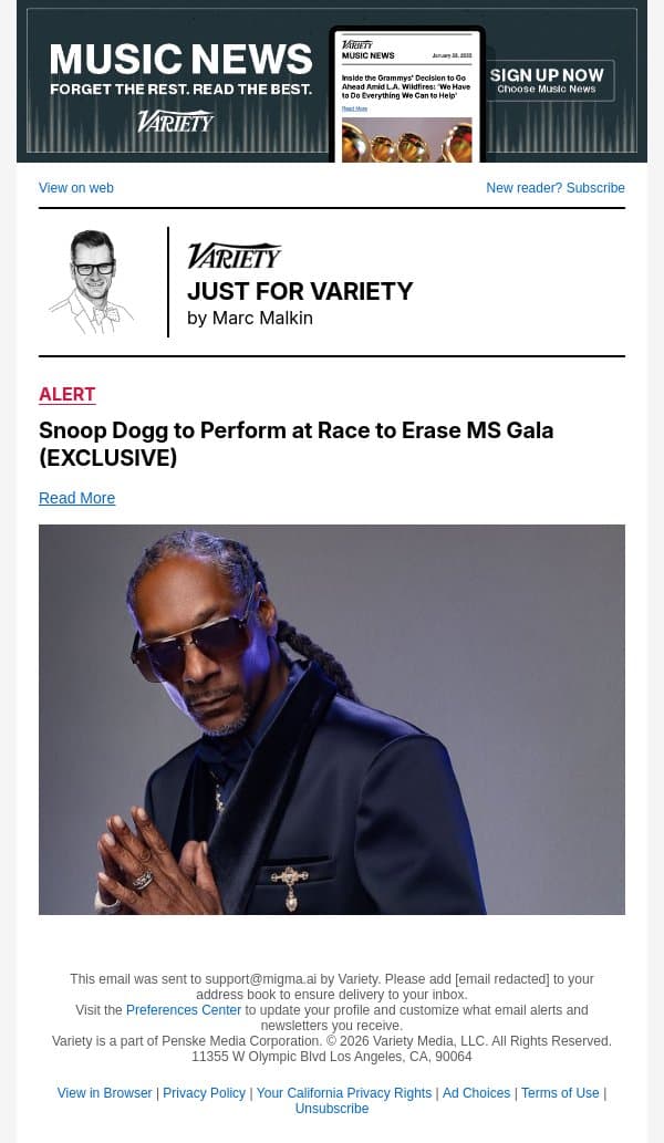 Snoop Dogg to Perform at Race to Erase MS Gala (EXCLUSIVE) email from Variety screenshot