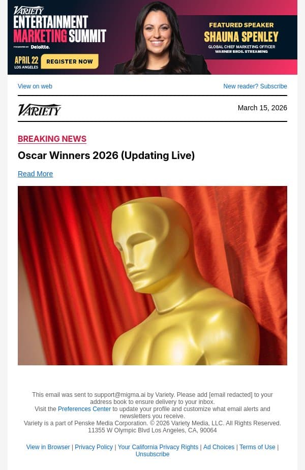 'Avatar: Fire and Ash’ Wins Oscar for Visual Effects email from Variety screenshot