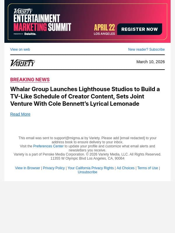 Whalar Group Launches Lighthouse Studios to Build a TV-Like Schedule of Creator Content, Sets Joint Venture With Cole Bennett’s Lyrical Lemonade email from Variety screenshot