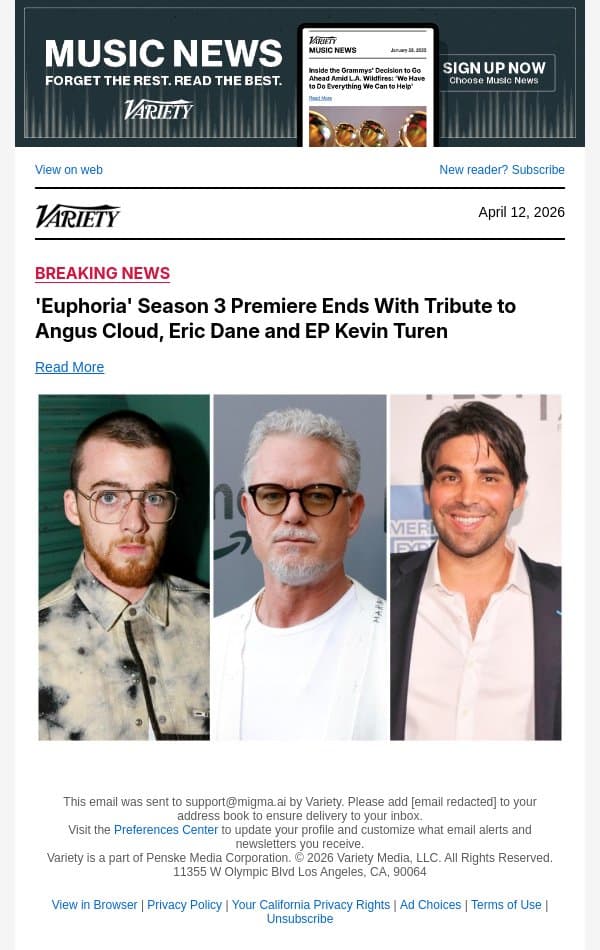 'Euphoria' Season 3 Premiere Ends With Tribute to Angus Cloud, Eric Dane and EP Kevin Turen email from Variety screenshot