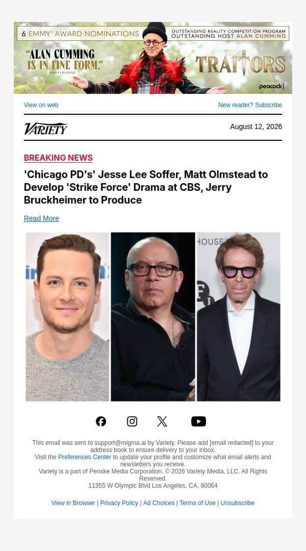 'Chicago PD's' Jesse Lee Soffer, Matt Olmstead to Develop 'Strike Force' Drama at CBS, Jerry Bruckheimer to Produce email from Variety screenshot