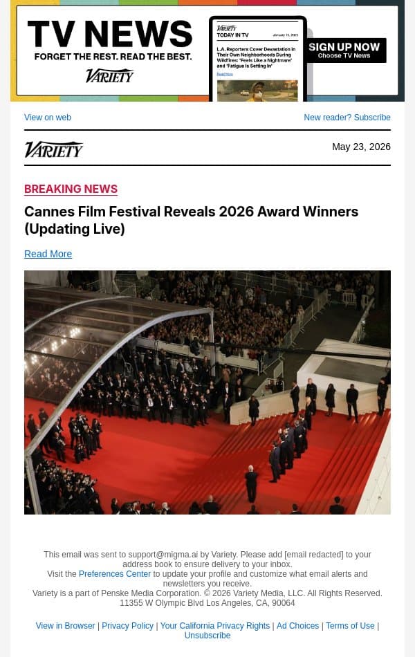 Cannes Film Festival Reveals 2026 Award Winners (Updating Live) email from Variety screenshot