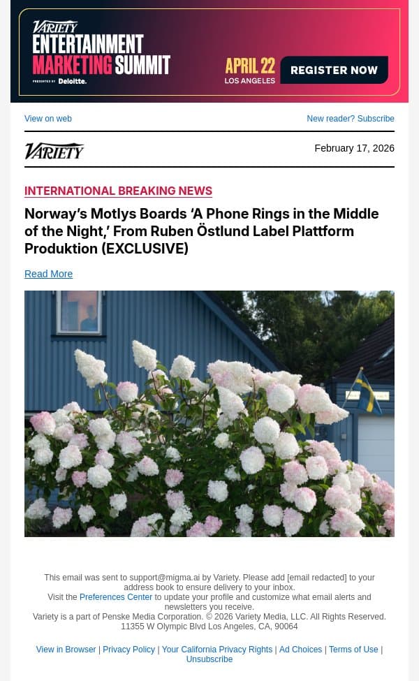 Norway’s Motlys Boards ‘A Phone Rings in the Middle of the Night,’ From Ruben Östlund Label Plattform Produktion (EXCLUSIVE) email from Variety screenshot