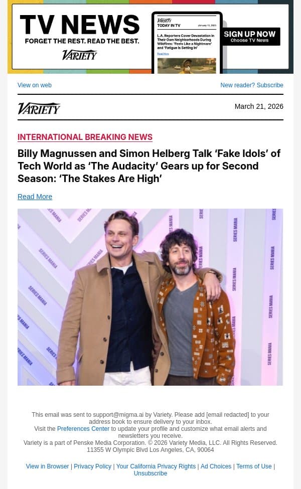 Billy Magnussen and Simon Helberg Talk ‘Fake Idols’ of Tech World as ‘The Audacity’ Gears up for Second Season: ‘The Stakes Are High’ email from Variety screenshot
