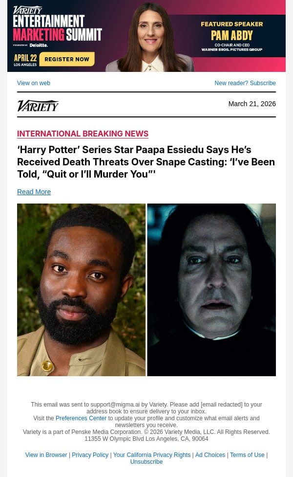 ‘Harry Potter’ Series Star Paapa Essiedu Says He’s Received Death Threats Over Snape Casting: ‘I’ve Been Told, “Quit or I’ll Murder You”' email from Variety screenshot
