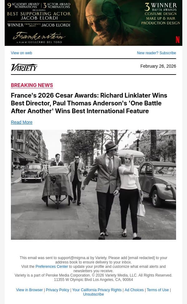 France's 2026 Cesar Awards: Richard Linklater Wins Best Director, Paul Thomas Anderson's 'One Battle After Another' Wins Best International Feature email from Variety screenshot