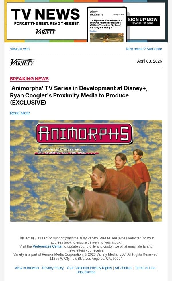 'Animorphs' TV Series in Development at Disney+, Ryan Coogler's Proximity Media to Produce (EXCLUSIVE) email from Variety screenshot