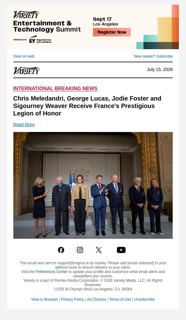 Chris Meledandri, George Lucas, Jodie Foster and Sigourney Weaver Receive France's Prestigious Legion of Honor email from Variety screenshot