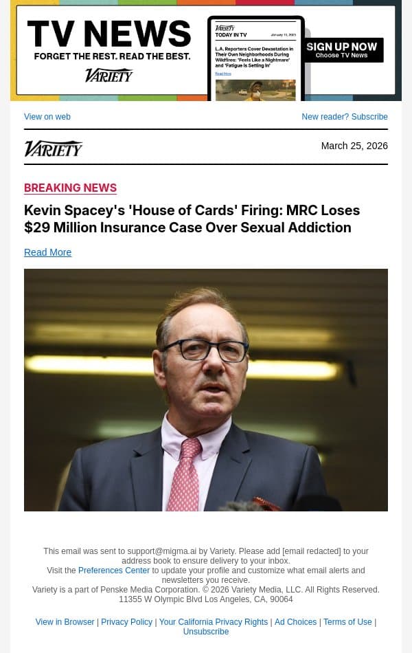 Kevin Spacey's 'House of Cards' Firing: MRC Loses $29 Million Insurance Case Over Sexual Addiction email from Variety screenshot