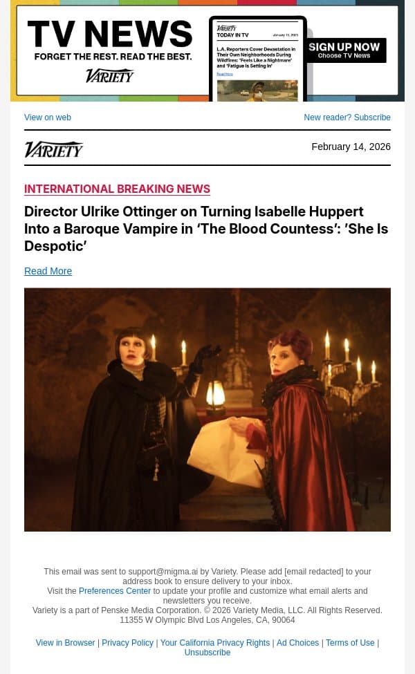 Director Ulrike Ottinger on Turning Isabelle Huppert Into a Baroque Vampire in ‘The Blood Countess’: ’She Is Despotic’ email from Variety screenshot
