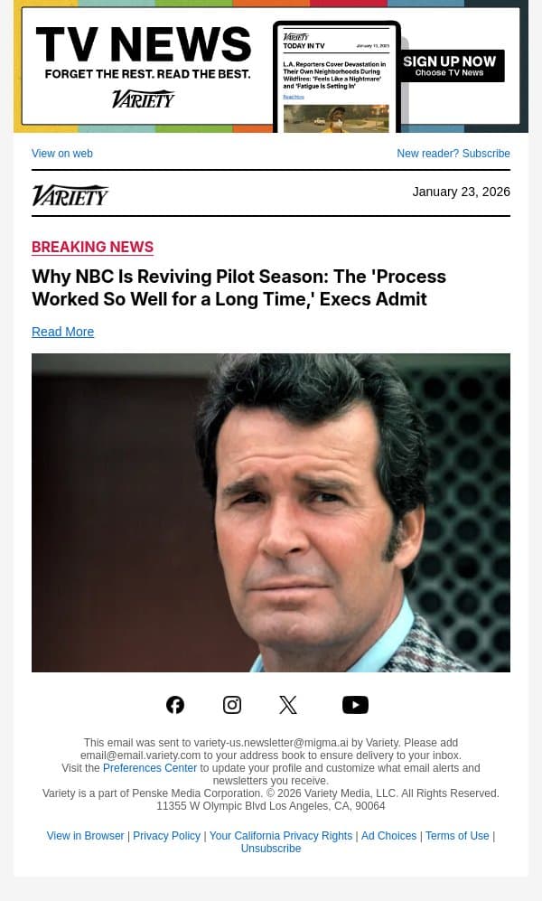 Why NBC Is Reviving Pilot Season: The 'Process Worked So Well for a Long Time,' Execs Admit email from Variety screenshot