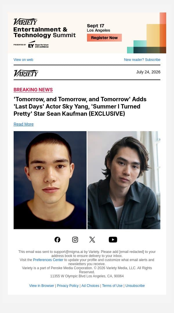 'Tomorrow, and Tomorrow, and Tomorrow' Adds 'Last Days' Actor Sky Yang, 'Summer I Turned Pretty' Star Sean Kaufman (EXCLUSIVE) email from Variety screenshot