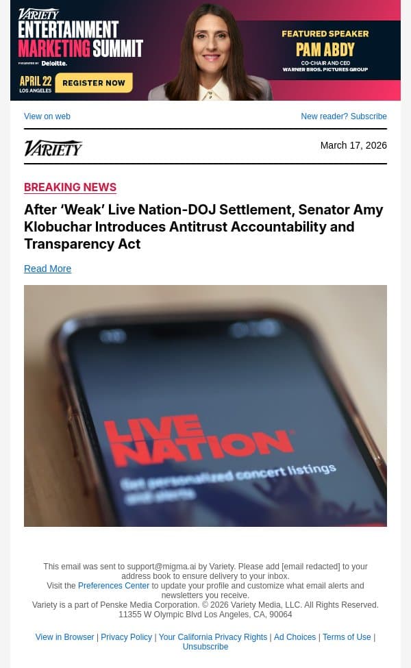 After ‘Weak’ Live Nation-DOJ Settlement, Senator Amy Klobuchar Introduces Antitrust Accountability and Transparency Act email from Variety screenshot