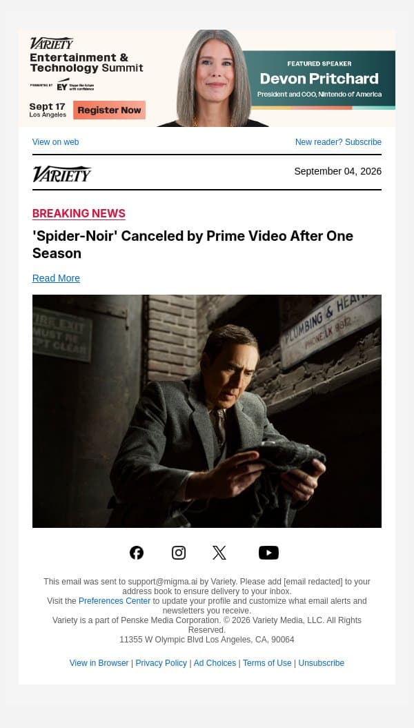 'Spider-Noir' Canceled by Prime Video After One Season email from Variety screenshot