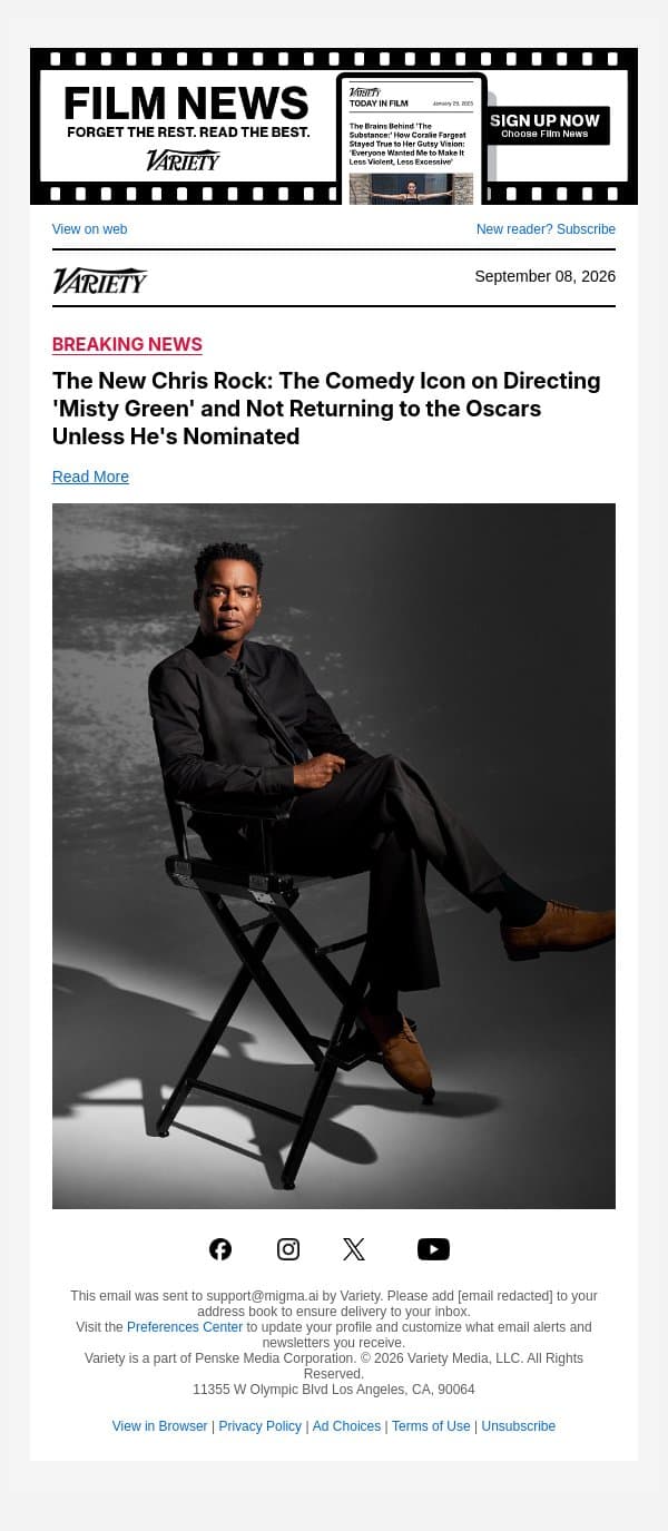 COVER STORY | The New Chris Rock: The Comedy Icon on Directing 'Misty Green' and Not Returning to the Oscars Unless He's Nominated email from Variety screenshot