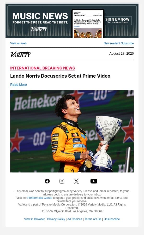 Lando Norris Docuseries Set at Prime Video email from Variety screenshot