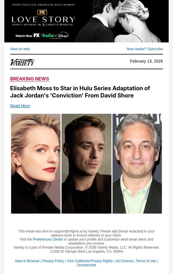 Elisabeth Moss to Star in Hulu Series Adaptation of Jack Jordan's 'Conviction' From David Shore email from Variety screenshot