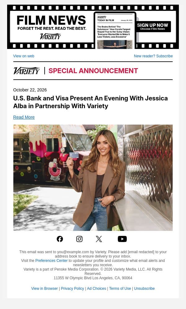 U.S. Bank and Visa Present An Evening With Jessica Alba in Partnership With Variety email from Variety screenshot