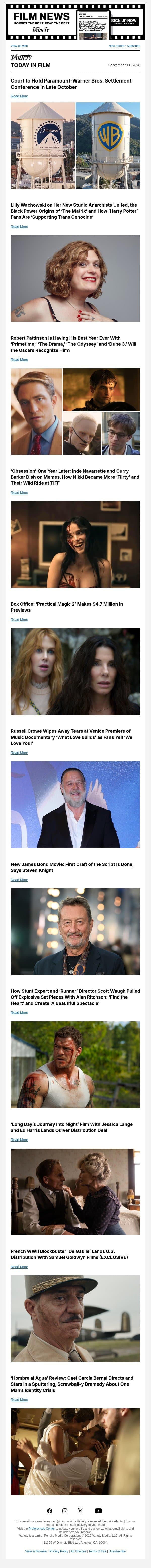Paramount-WB Settlement Conference Set; Lilly Wachowski Interview; Pattinson's Oscar Prospects email from Variety screenshot