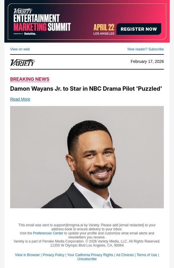 Damon Wayans Jr. to Star in NBC Drama Pilot 'Puzzled' email from Variety screenshot